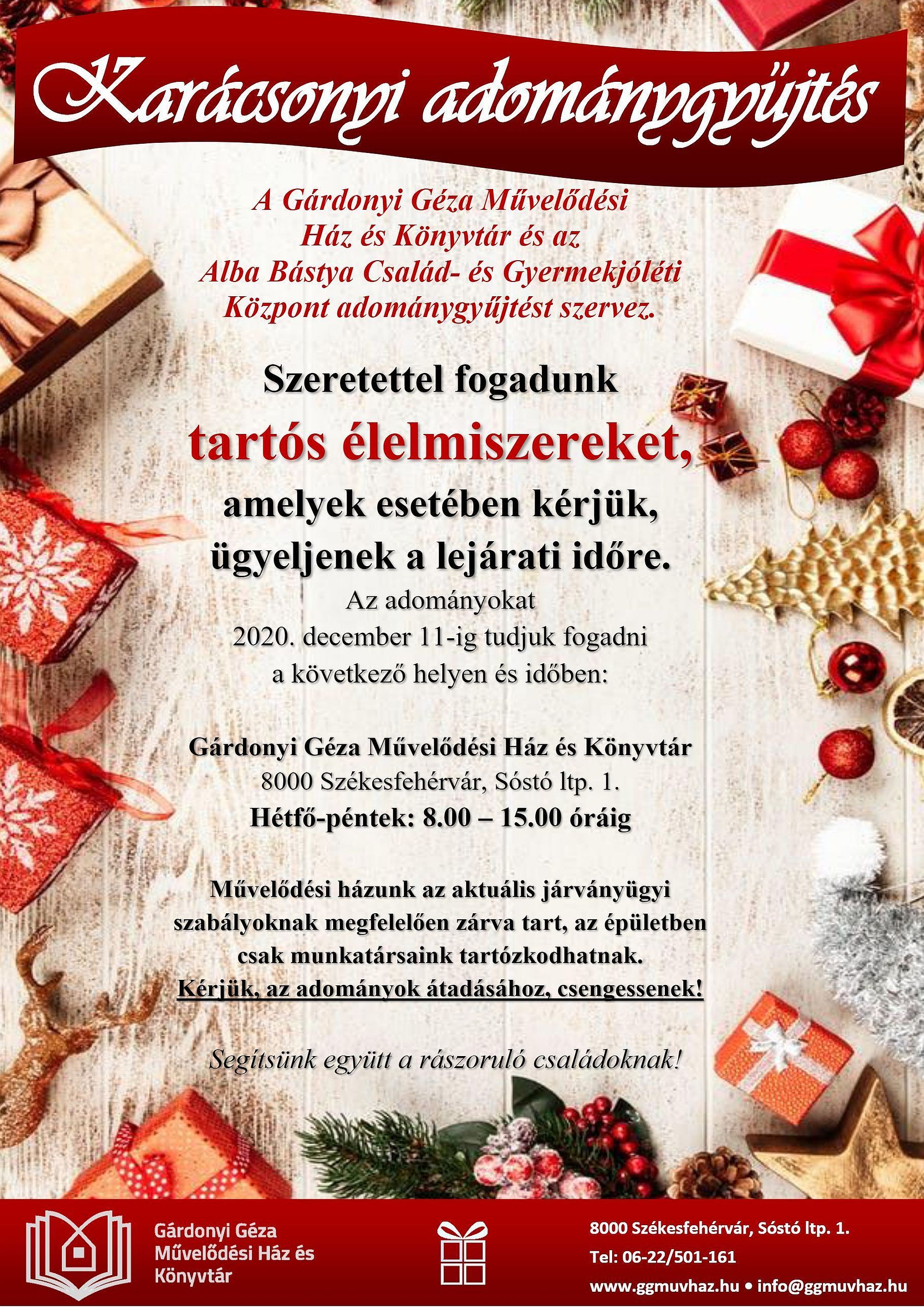 December 11-ig tart a karácsonyi adománygyűjtés a Gárdonyi Géza Művelődési Házban